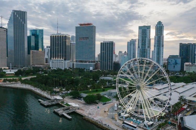 Buildings skyscrapers and a Ferris wheel in Miami, Florida