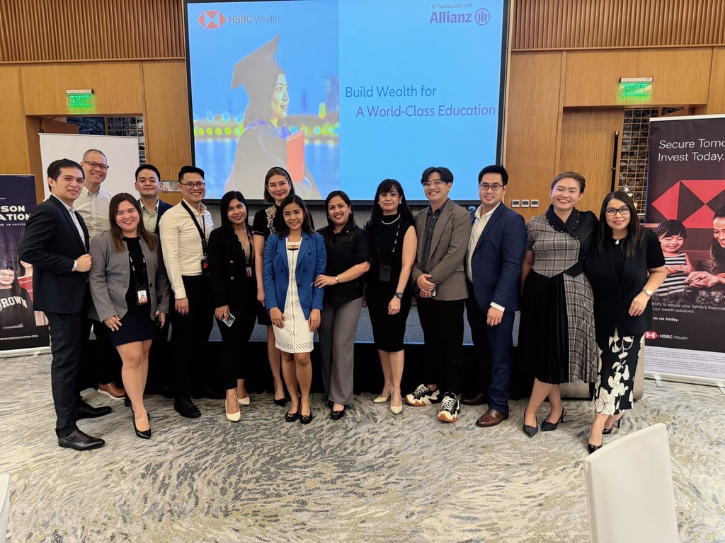 Pictured are Crimson Education Philippines Marketing Manager Raymond Sakiwat (fourth from right), HSBC Vice President & Insurance and Wealth Product Manager Rafael Masilang (first from left), and Allianz PNB Life Insurance Head of Investment Henry Yang (third from right).