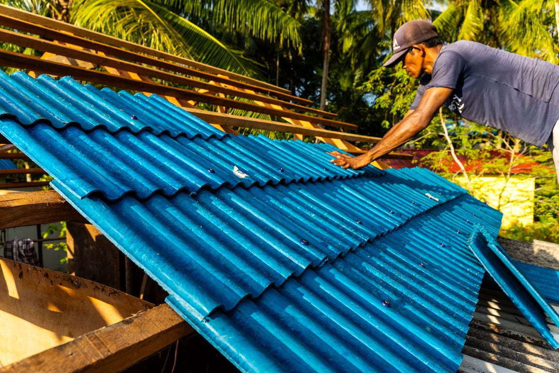 Rebuilding homes one recycled roof plate at a time. Batam, Indonesia. (Source: Seven Clean Seas)